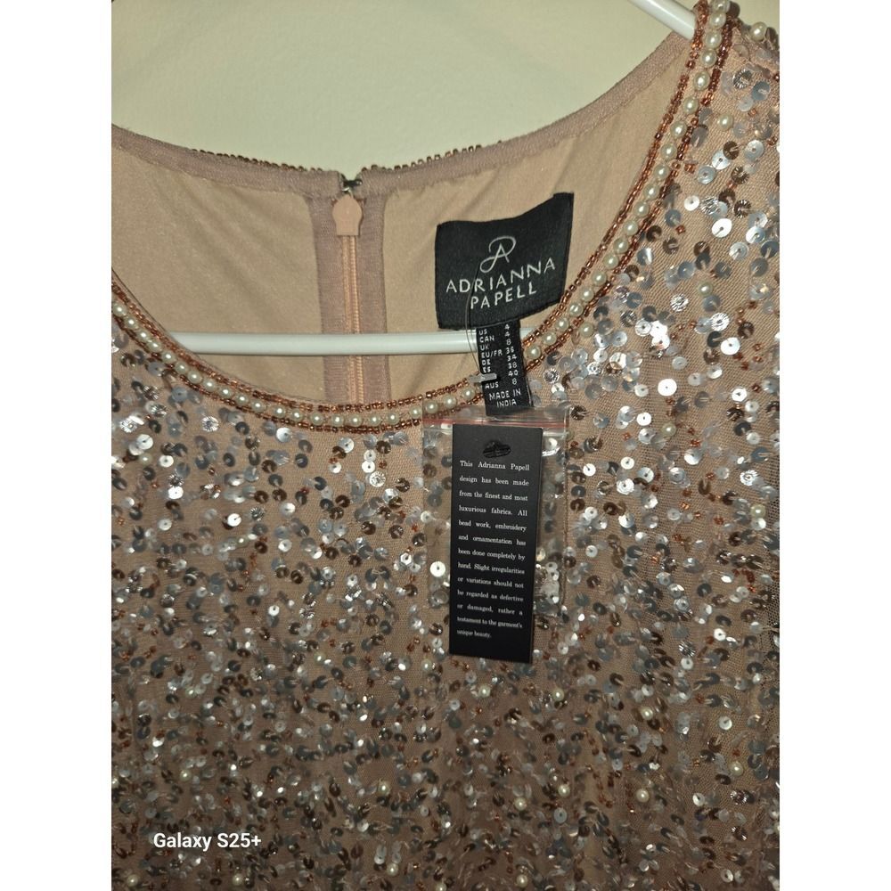 Adrianna Papell Women Pink Sequin Bead Pearl Scallop Hem Sheath Dress Size 4 NEW - Picture 3 of 5